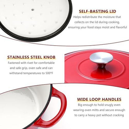 E-far Enameled Cast Iron Dutch Oven with Lid, 6 Quart Round Dutch Oven Pot Nonstick Cookware for Braising, Stews, Roasting, Bread Baking, Cooking, Heavy Duty, Induction & Oven Safe - Red - CookCave