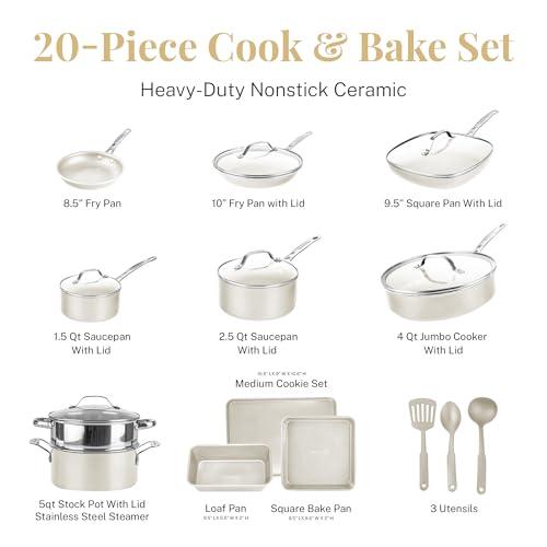 Gotham Steel 20 Pc Ceramic Pots and Pans Set Non Stick Cookware Set, Kitchen Cookware Sets, Non Toxic Ceramic Cookware Set + Bakeware, Lightweight Pot and Pan Set, Oven & Dishwasher Safe – Cream White - CookCave