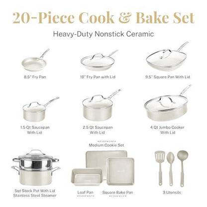 Gotham Steel 20 Pc Ceramic Pots and Pans Set Non Stick Cookware Set, Kitchen Cookware Sets, Non Toxic Ceramic Cookware Set + Bakeware, Lightweight Pot and Pan Set, Oven & Dishwasher Safe – Cream White - CookCave