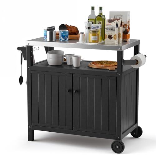 TORVA Portable Outdoor Grill Prep Table with Storage, Waterproof Outdoor Grill Cabinet, Stainless Steel Tabletop Outdoor Kitchen Island, BBQ Cart with Wheels, Hooks and Side Shelf (Black) - CookCave