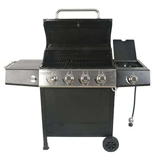 Grill Boss Outdoor BBQ 4 Burner Propane Gas Grill for Barbecue Cooking with Side Burner, Lid, Wheels, Shelves and Bottle Opener, Black - CookCave