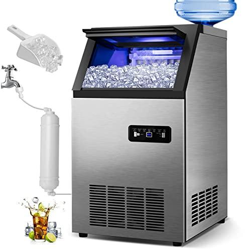 Commercial Ice Maker Machine 120Lbs/24H with 35Lbs Ice Capacity, 45Pcs Clear Ice Cubes Ready in 11-20Mins, Stainless Steel Under Counter Freestanding Large Ice Machine, 2 Water Inlet Modes - CookCave