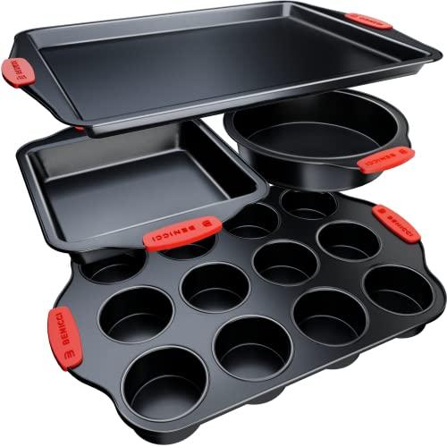 Premium Non-Stick Baking Pans Set of 4 - Includes Baking Sheet, 12 Cup Muffin Tin, Square Pan and Round Cake Pan - BPA Free, Heavy Duty, made w/Carbon Steel - Complete Bakeware Set for Your Kitchen - CookCave