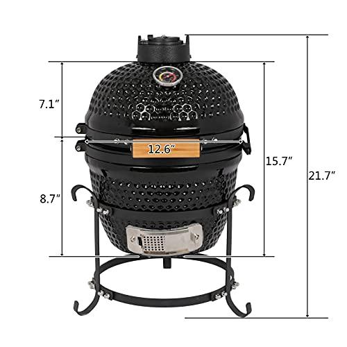 Outvita Ceramic Grill, 13" Round Kamado Charcoal Grill, Portable Barbecue Grill with Thermometer for Variations on Cooking Methods(Black) - CookCave