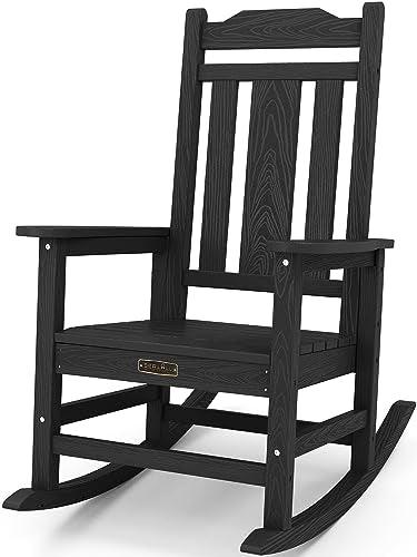 SERWALL Outdoor Rocking Chair, All Weather Resistant Patio Rocking Chair, HDPE Poly Rocking Chair for Adults, Heavy Duty Front Porch Rocker, Black - CookCave