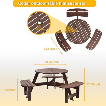 ROOMTEC 6 Person Wooden Picnic Benches, Outdoor Round Table with Umbrella Hold Design for Patio, Backyard, Garden, Adults and Kids, 1720lb Capacity, Brown - CookCave