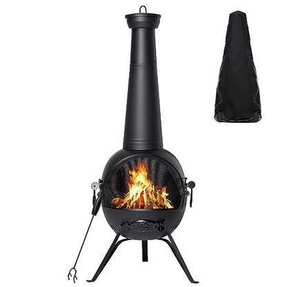 SINGLYFIRE Chiminea Fireplace Outdoor Prairie Fire Deck or Patio Backyard Wooden Fire Pit with Chiminea Cover Rust-Free Iron Black - CookCave