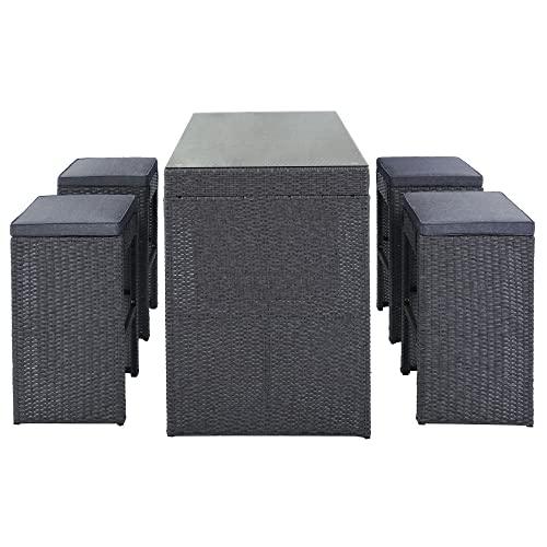 HHOK Patio Dining Table, 5-Piece Outdoor PE Rattan Sets with Temper Glass Tabletop and 4 Stools for Backyard, Garden, L-Black Wicker Bar Furniture - CookCave