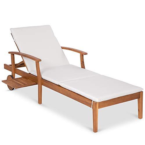 Best Choice Products 79x26in Acacia Wood Chaise Lounge Chair Recliner, Outdoor Furniture for Patio, Poolside w/Slide-Out Side Table, Foam-Padded Cushion, Adjustable Backrest, Wheels - Cream - CookCave