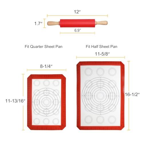 Rolling Pin for Baking with 2-Piece Silicone Baking Mats Measurement Guild, 12 Inch Small Silicone Dough Roller, Pastry Mat Fit Half & Quarter Sheet Pan, Good for Macaro, Cookies Baking - CookCave