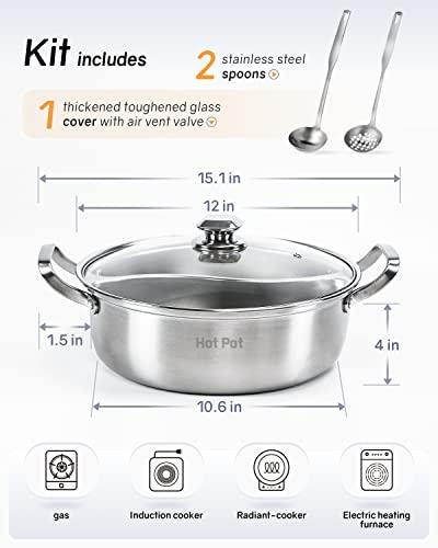 CHRYSLIN Stainless Steel Pot with Divider,Weldless Hot Pot,Two-Flavor Soup Pot Shabu Shabu Pot,Induction Cookware with Toughened Glass Lid,12 inch,4.6-Quart,Silver - CookCave