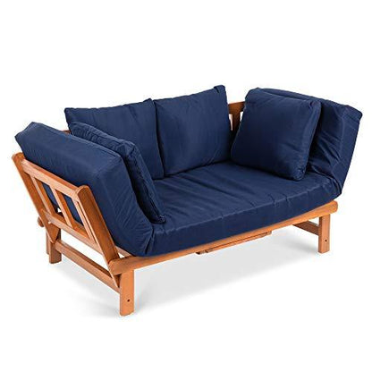 Best Choice Products Outdoor Convertible Acacia Wood Futon Sofa Furniture for Patio, Balcony, Poolside, Backyard w/Pullout Tray, Removable Weather-Resistant Cushion & 4 Pillows - Navy Blue - CookCave
