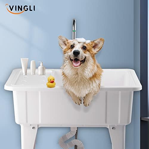 VINGLI Utility Sink Laundry Tub for Washing Room, Freestanding Utility Sink with Stainless Steel Faucet, (White, 32.3"W x 22.4" D x 43.3"H) - CookCave