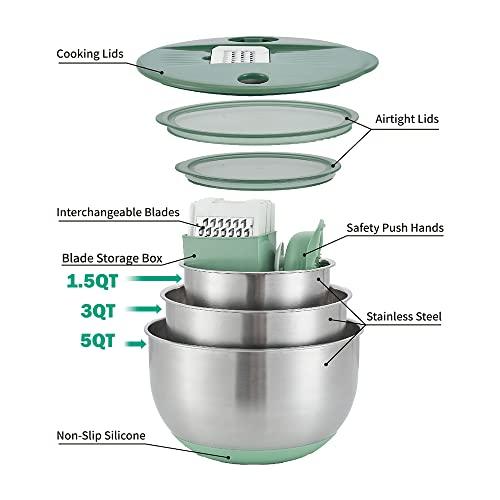 VEKAYA Mixing Bowls Set of 3, Stainless Steel Mixing Bowl with Airtight Lids, Metal Mixing Bowls with 5 Graters, Measurement Marks, Non-Slip Bottoms, Great for Mixing & Prepping, 5/3/1.5 QT (Green) - CookCave