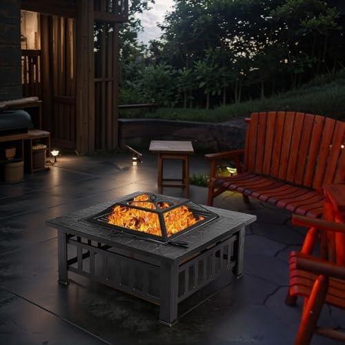 32" Square Outdoor Fire Pit Table Multiuse Patio BBQ Firepit with Steel Fire Poker and Cover for Camping, Outdoor Heating, Outside Wood Burning and Picnic, Black - CookCave