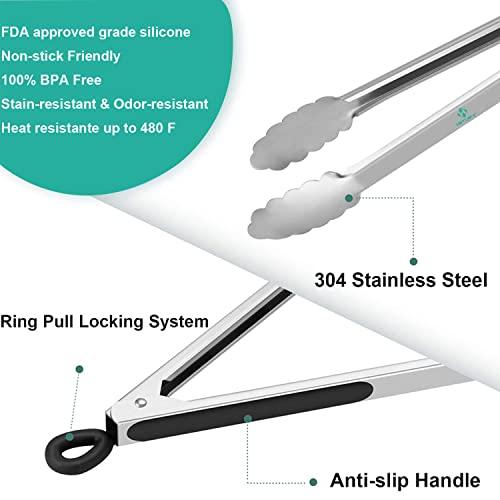 BBQ Tongs for Grilling, 17" Long Kitchen Cooking Stainless Steel Heavy Duty Locking Grill Tongs with Soft Grip Silicone Handle - CookCave