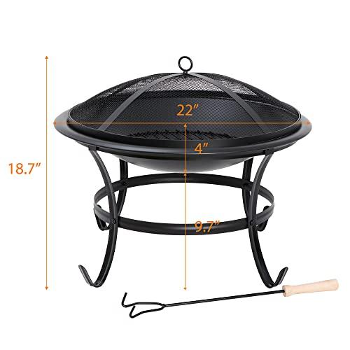 22Inches Fire Pit Outdoor Steel Wood Burning BBQ Grill Firepit Bowl Fireplace with Mesh Screen & Fire Poker, Log Grate - CookCave