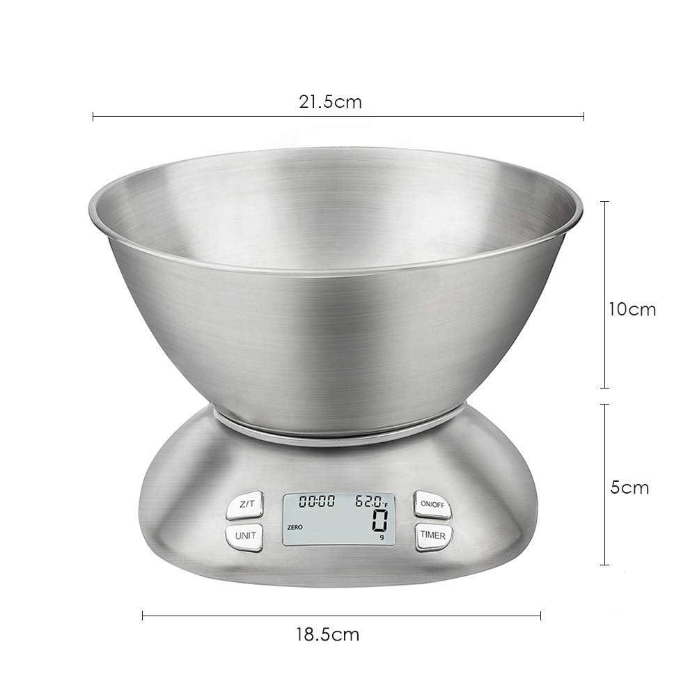 Digital Kitchen Scale with Removable Bowl 2.5L Volume, Electronic Stainless Steel Food Scale for Cooking Baking, Room Temperature, Alarm Timer, 12lb 5.5kg, Batteries Included - CookCave