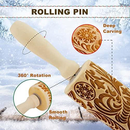 Wooden Engraved Rolling Pin with Christmas Snowflake Designs - For Baking Cookies and Decor - CookCave