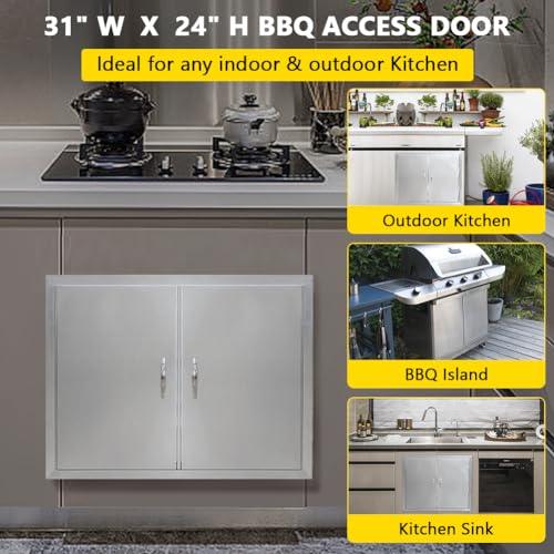 BBQ Access Door 31" W x 24" H, Grill Door Double Door Brushed Stainless Steel, Outdoor Kitchen Doors for BBQ Island Grilling Station - CookCave