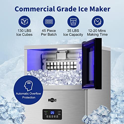 Commercial Ice Maker 130 LBS/24H, Upgraded 15" Wide Under Counter Ice Maker with 35LBS Ice Capacity, Commercial Ice Machine Self Clean Stainless Steel Built-in or Freestanding Large Ice Machine - CookCave