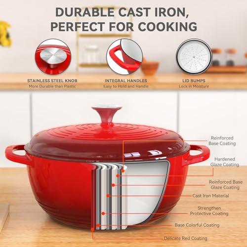 magicplux Dutch Oven Pot with Lid, Enameled Cast Iron Dutch Oven 6 Quart, Cast Iron Pot for Cooking, Red - CookCave