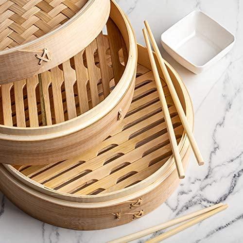 Prime Home Direct Bamboo Steamer Basket 10-inch | 2-Tier Steamer for Cooking | 50 Liners, Chopsticks & Sauce Dish | Dumpling Steamer, Food Steamer Baskets for Cooking - Rice & Vegetable Steamer Pot - CookCave