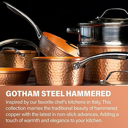 Gotham Steel Hammered 15 Pc Ceramic Pots and Pans Set Non Stick Cookware Set, Kitchen Cookware Sets, Ceramic Cookware Set with Non Toxic Cookware, Copper Pot and Pan Set, Oven & Dishwasher Safe - CookCave