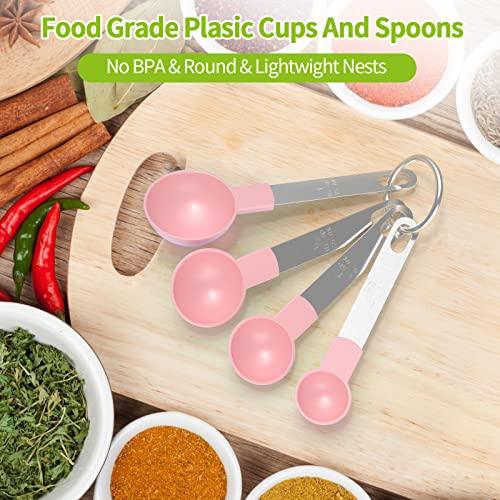 Measuring Cups and Spoons Set, 8 PCS Stackable Measuring Spoons with Stainless Steel Handle, Accurate Tablespoon for Measuring Ingredient, Kitchen Gadgets for Cooking and Baking (Pink) - CookCave