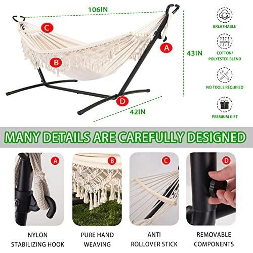 SXSEAGLE Double Hammock with Stand Upgraded Phone Holder Portable Heavy Duty Stainless Steel Indoor Outdoor Patio Yard Beach with Carrying Case （2022 Beige） - CookCave