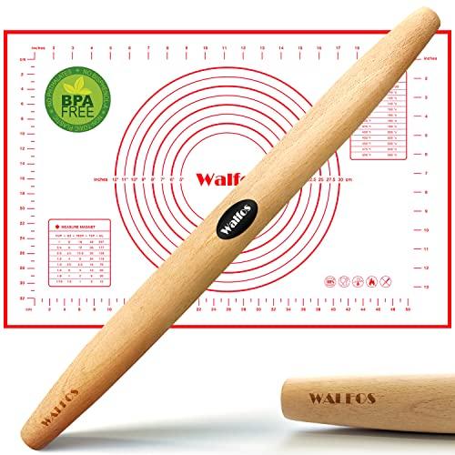 WALFOS French Rolling Pin and Silicone Baking Mat Set, Non-Stick Beech Wood Rolling Pin 15.7 Inch and Pastry Mat for Best Pie Crust, Cookie, Pasta and Pizza Dough - CookCave