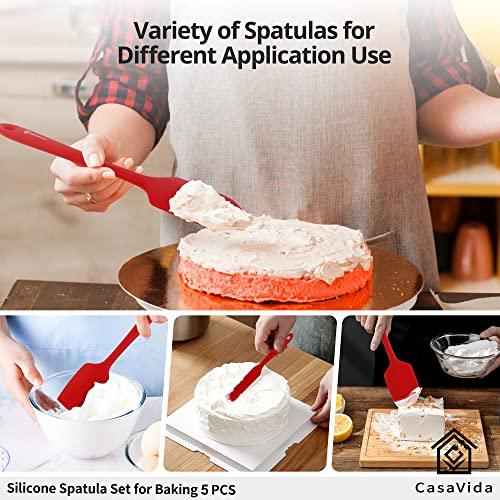 CasaVida Silicone Spatula Set 5pcs Red High Heat Resistant Non Stick Bakery Flexible BPA Free Dishwasher Safe Kitchen Utensils Bakeware Cookware Baking Mixing One-piece Seamless Spatula Set - CookCave