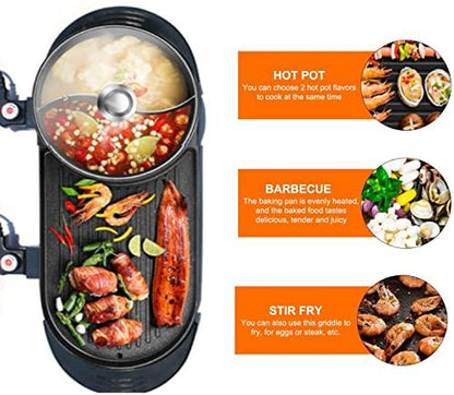 Hot pot with Grill 2 in 1 Electric BBQ Grill Shabupot 2200W Non-Stick Korean Barbecue Grill Indoor for 2-12 People Independent Dual Temperature Control 110V(27 Inch) - CookCave