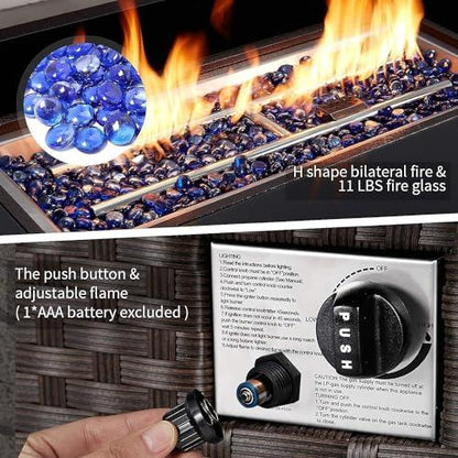 U-MAX 44in Outdoor Propane Gas Fire Pit Table, 50,000 BTU Auto-Ignition Gas Firepit with Glass Wind Guard, Black Tempered Glass Tabletop & Blue Glass Rock, Brown PE Rattan, CSA Certification - CookCave