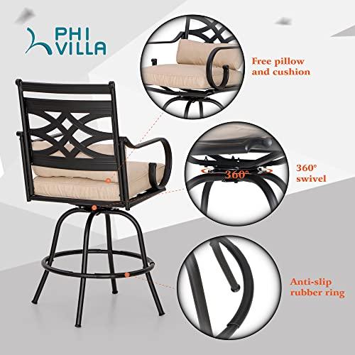 PHI VILLA Outdoor Swivel Bar Stools Set of 2, Metal Tall Patio Bar Height Chairs, Strong and Heavy Duty Outdoor Counter Height Bar Stools with Cushion and Pillow, Max Load Bearing up to 300 Lbs - CookCave