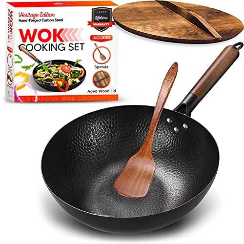 Gold Dragon Heritage Edition Carbon Steel Wok Pan with Lid | 12.5" Preseasoned Quality Wok Set | Traditional Stir Fry Pan | Round Flat Bottom Wok - CookCave