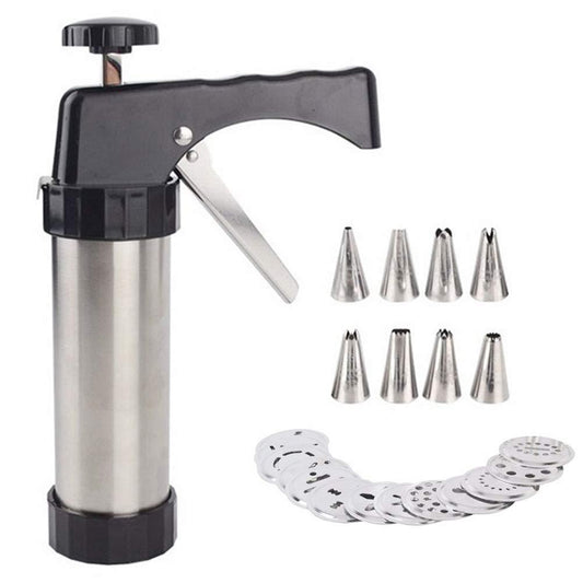 Faruxue DIY Cookie Press Gun Kit Stainless Steel Biscuit Press Cookie Icing Gun Set with 13 Discs and 7 Icing Tips Ideal for Biscuit, Cake, Churro, Cookie - CookCave