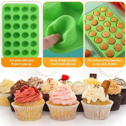 3 Pack Silicone Mini Muffin Pan 24 Cups, Muffin Cups for Baking,13" x 9" Mini Cupcake Pan Nonslip Anti Heat Cheesecake pans for Brownie Bread,Cakes,Chocolate,Jello,Tart (Green) - CookCave