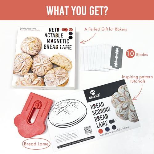 MEKER Bread Lame, Extractable Magnetic Dough Scoring Tool for Sourdough Bread Baking & Making, Includes Scoring Patterns Booklet and 10 Razor Blades, Red - CookCave