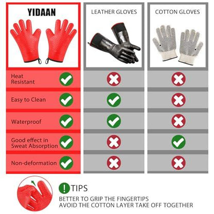 BBQ Gloves, Silicone Oven Mitts - Premium Grilling Gloves, Heat Resistant Gloves Handle Hot Food Right on Grill Fryer & Pit, Non-Slip Waterproof Kitchen Gloves for Barbecue, Cooking, Baking, Smoker - CookCave