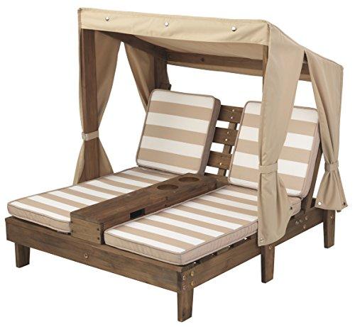 KidKraft Wooden Outdoor Double Chaise Lounge with Cup Holders, Patio Furniture for Kids or Pets, Espresso with Oatmeal and White Striped Fabric - CookCave