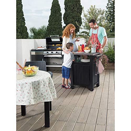 Keter Unity 40 Gallon Portable Weatherproof Outdoor Grill Table Cart with Stainless Steel Countertop, Hook Storage Hangers, and Sidebars, Gray - CookCave