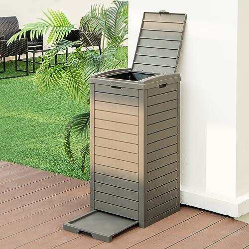 S AFSTAR 31 Gallon Outdoor Trash Can, Waterproof Garbage Can with Lid & Slidable Tray, 16” x 16” x 34” Large Resin Waste Bin for 33-40 Gal Trash Bag, Outside Trash Can for Patio Backyard Deck, Grey - CookCave
