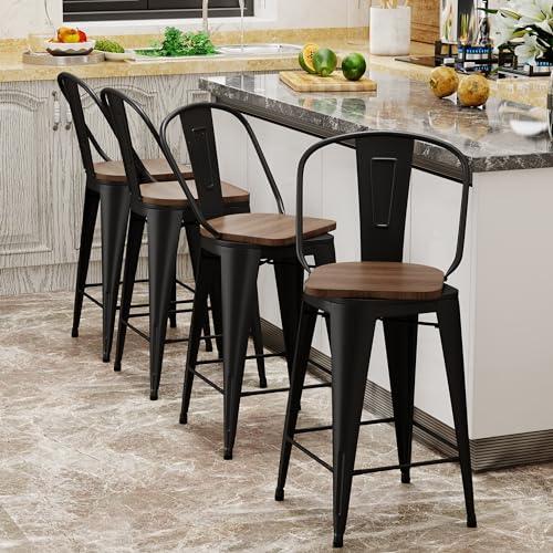 Aklaus Swivel Metal Bar Stools Set of 4 Counter Height Stools Counter Bar Stools with Back Swivel Metal Bar Chairs Wooded Seat 26 Inch Matte Black barstools - CookCave
