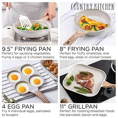 Country Kitchen Induction Cookware Sets - 13 Piece Nonstick Cast Aluminum Pots and Pans with BAKELITE Handles, Glass Lids -Cream - CookCave