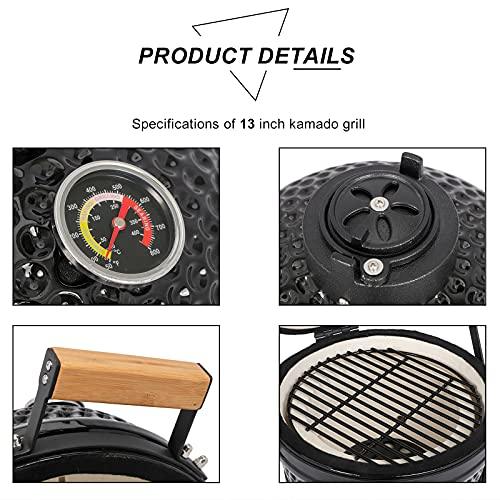 Outvita Ceramic Grill, 13" Round Kamado Charcoal Grill, Portable Barbecue Grill with Thermometer for Variations on Cooking Methods(Black) - CookCave