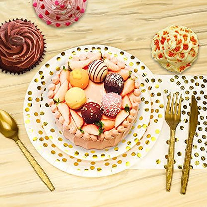 176 Pieces Gold Disposable Party Dinnerware Set &Golden Dot Disposable Party Dinnerware - Black Paper Plates Napkins Cups, Gold Plastic Forks Knives Spoons - CookCave