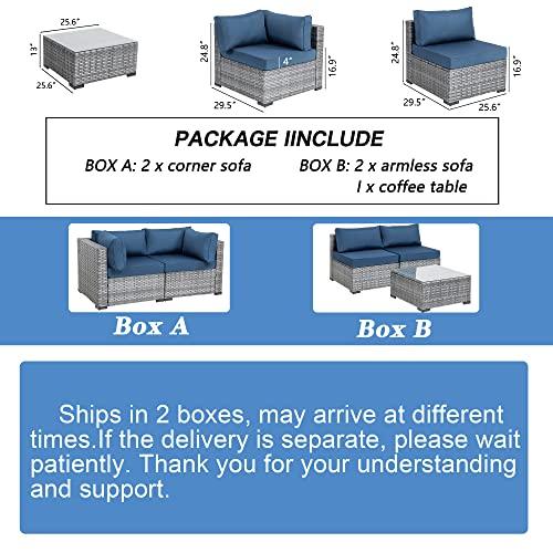 Shintenchi 5 Pieces Outdoor Patio Sectional Sofa Couch, Silver Gray PE Wicker Furniture Conversation Sets with Washable Cushions & Glass Coffee Table for Garden, Poolside, Backyard (Aegean Blue) - CookCave