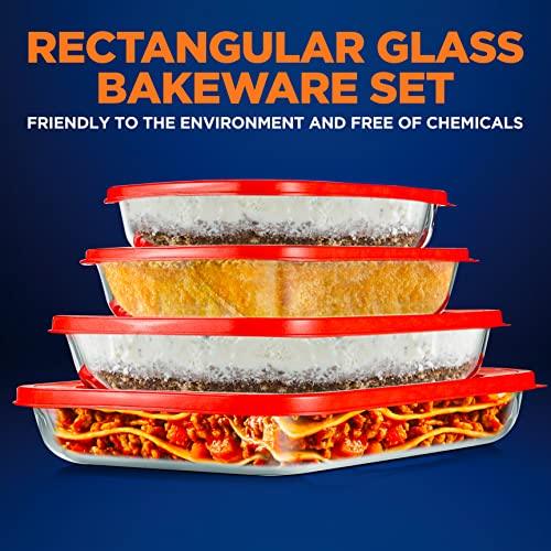 NutriChef 4 Sets Glass Bakeware - High Borosilicate Rectangular Glass Baking Dish w/Red BPA-Free PE Lids, Freezer-to-Oven Home Kitchen Bake Casserole Food Storage Stackable Tray Pan, Dishwasher Safe - CookCave