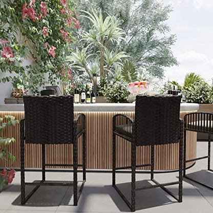 Usinso Outdoor Bar Stools Set of 2, Rattan Bar Height Chairs with Armrests, Footrests, Cushion Beige, All-Weather Wicker Woven Stools for Garden, Backyard, Poolside, Deck(Brown) - CookCave